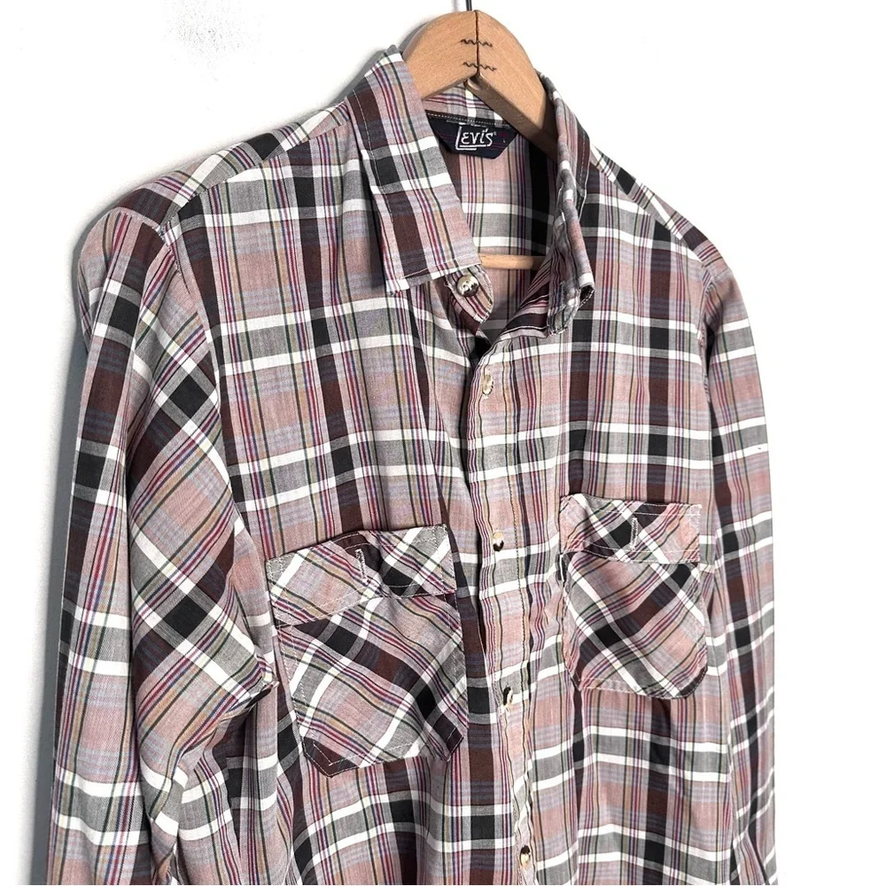 Vintage Levis Plaid Shirt Mens Button Up Pockets White Tab Western Size Large